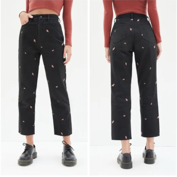 PacSun Rose Embroidered Black High Rise Mom Jeans Straight Ankle Length- 24 - Picture 1 of 13